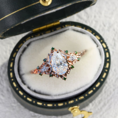 Unique floral engagement rings Moon Three Stone Pear Moissanite Ring