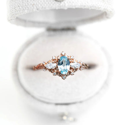 Unique Floral Rose Three Stone Oval Ring