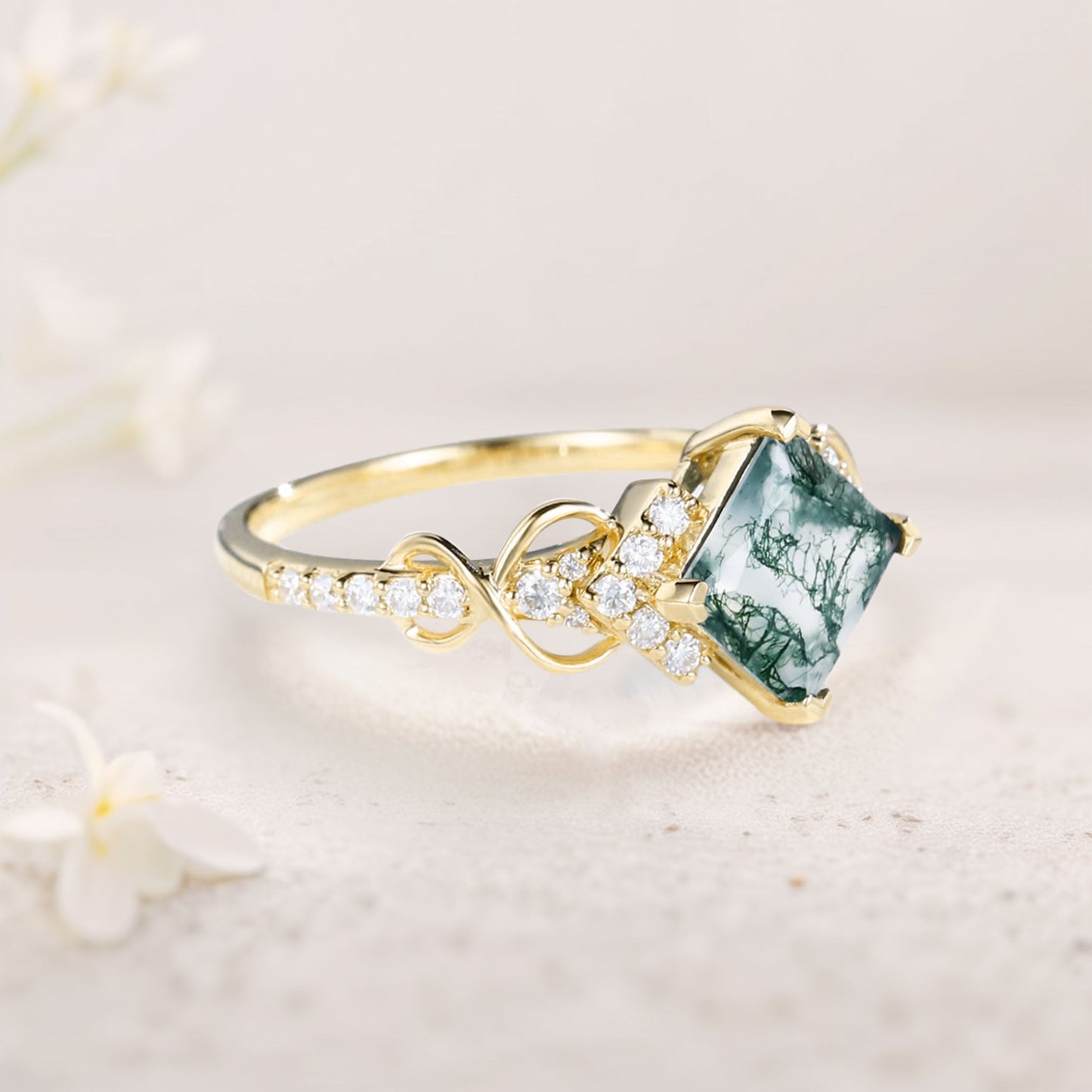 Vintage Princess Moss Agate Engagement Ring For Women