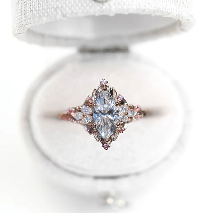 Unique Celeste Rose Starlight Marquise Moissanite and Pink Sapphire Ring