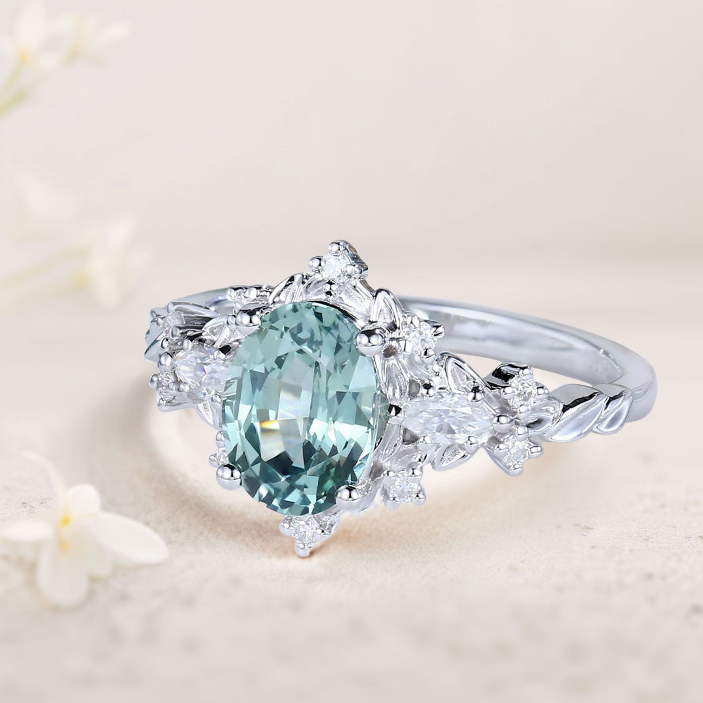 Vintage Briar Rose Oval Green Lab Sapphire Engagement Ring  Vine Ring