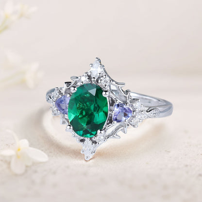 Vintage Briar Rose Oval Lab Emerald Engagement Ring Filigree Ring