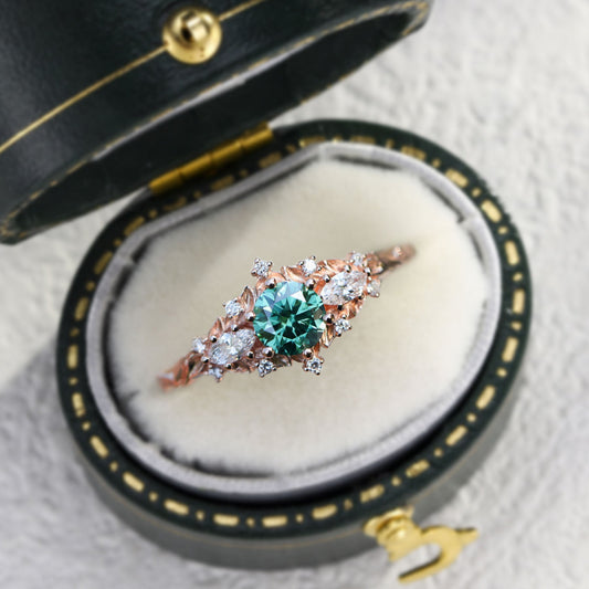 Unique Briar Rose Three Stone Round Teal Moissanite Ring