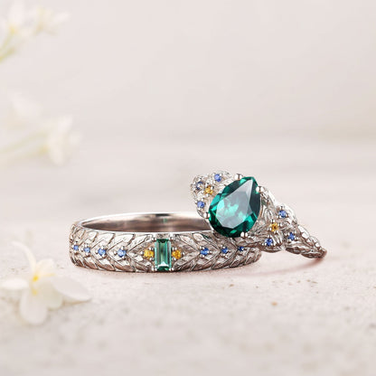 Unique Pear Lab Emerald His and Hers Matching Wedding Ring Set