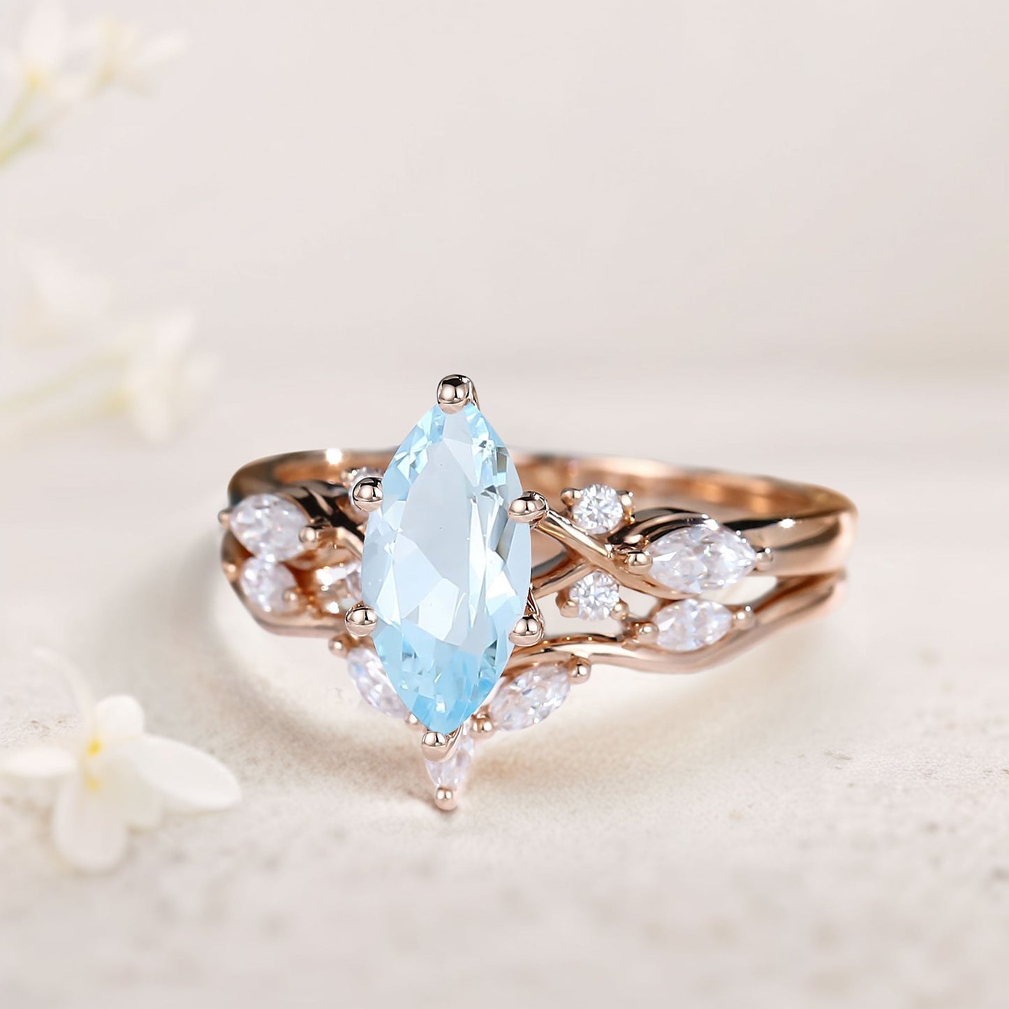 Unique Marquise Lab Aquamarine and Moissanite Wedding Ring Set Bridal Ring Set