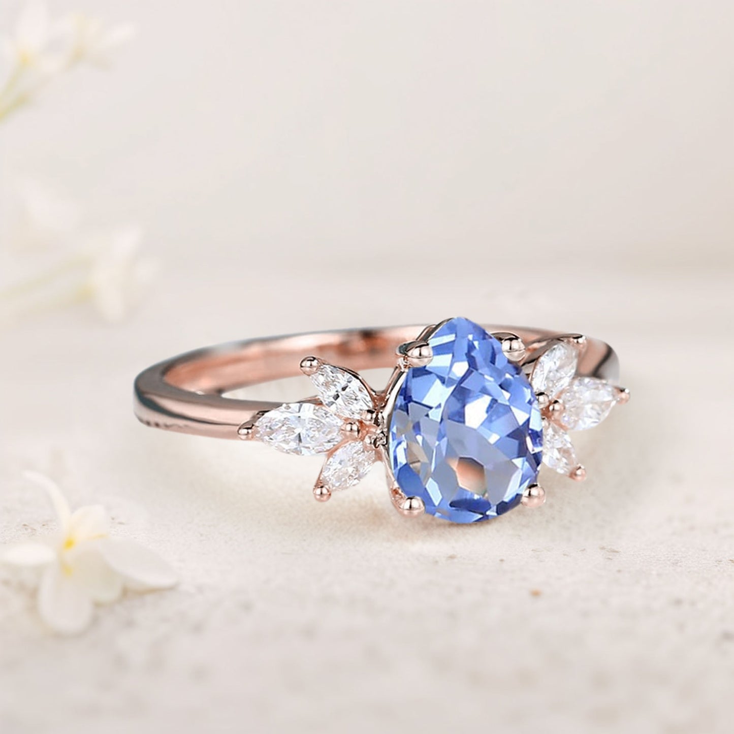 Unique Pear Lab Sapphire Engagement Ring Simple Cluster Bridal Ring