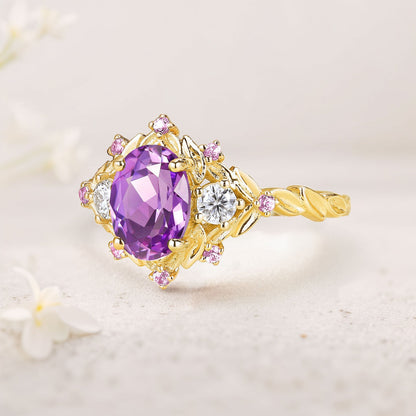 Unique Floral Three Stone Oval Amethyst Flower Engagement Ring Amethyst Cluster Bridal Ring