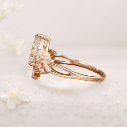 Unique floral Three Stone Pear Moissanite Cluster Engagement Ring