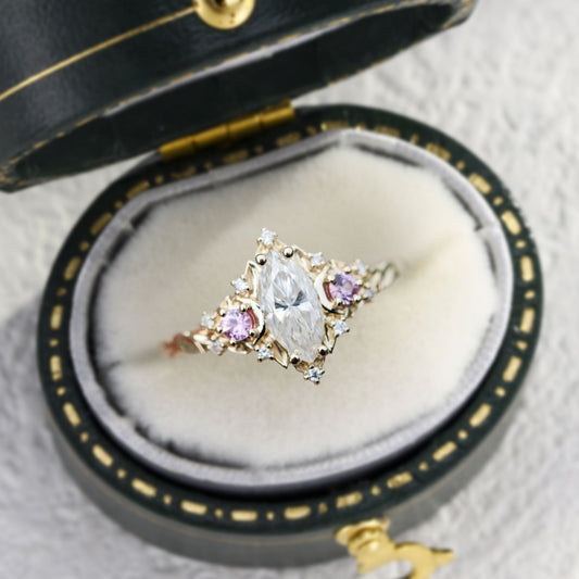 Unique floral engagement rings  Moon Three Stone Marquise Moissanite Ring