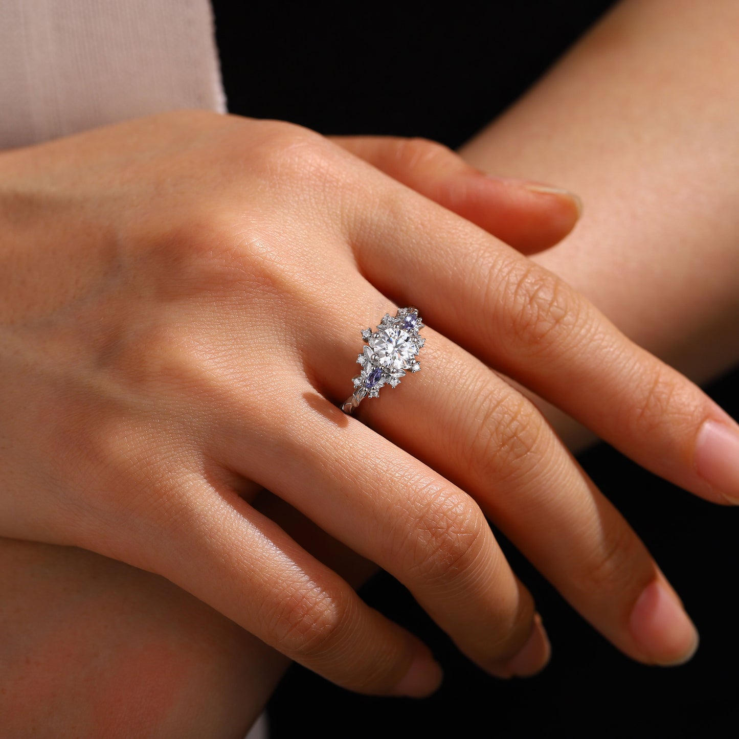 Unique Briar Rose Three Stone Round Moissanite Ring