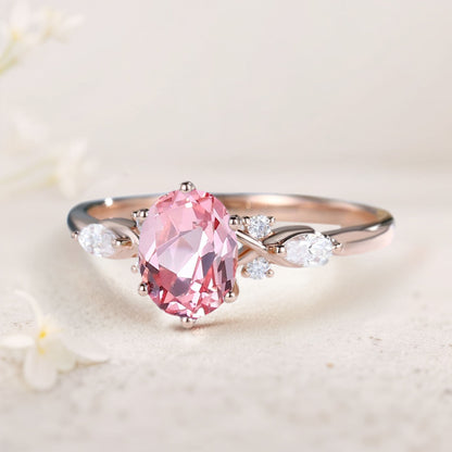 Vintage Oval Lab Padparadscha and Moissanite Engagement Ring