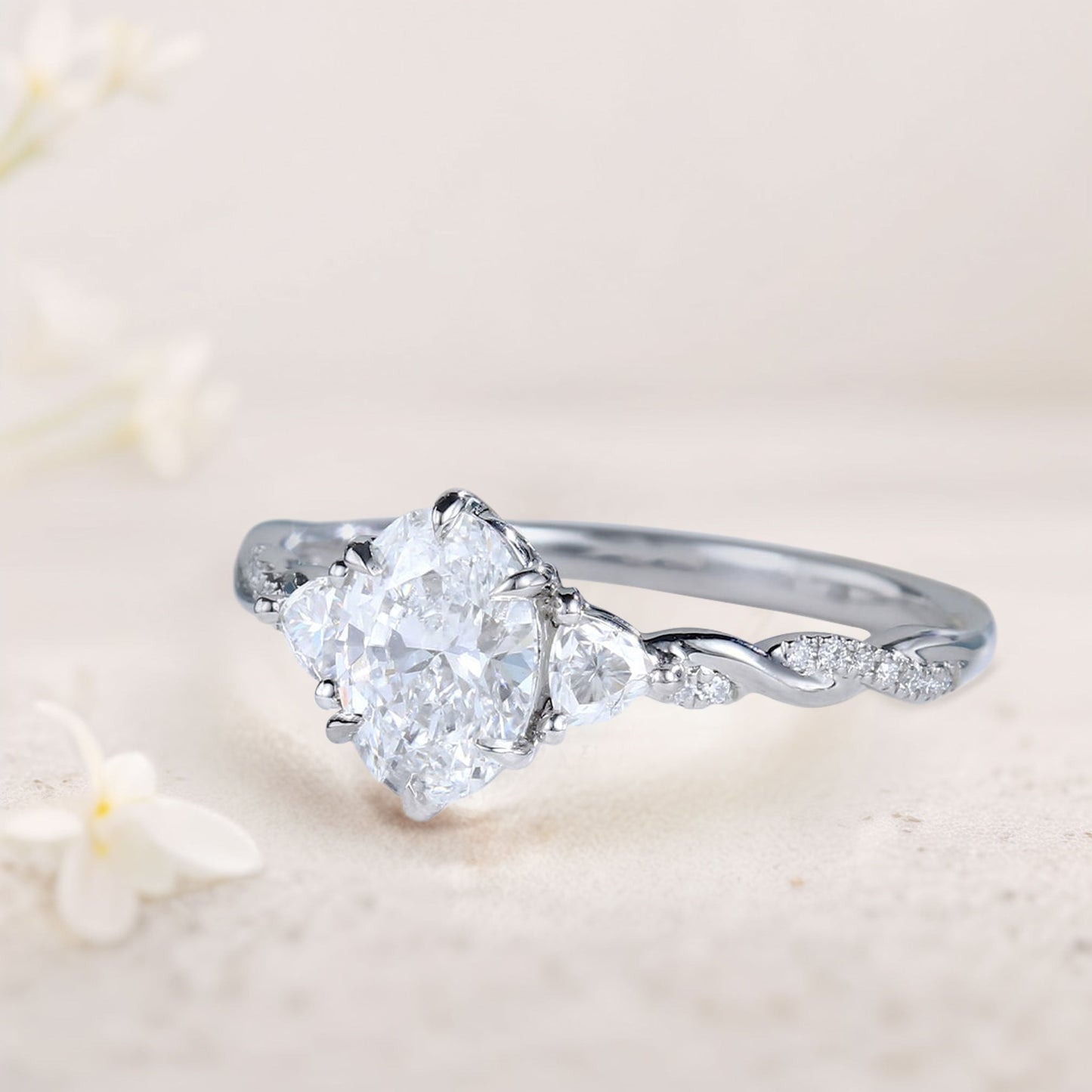 Unique Three Stone Oval Moissanite Ring  Engagement Ring