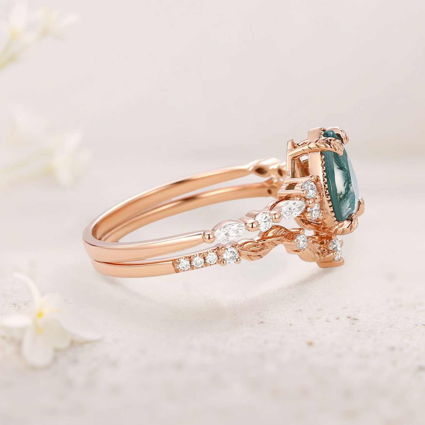 Vintage floral engagement rings Pear Moss Agate Leafy Engagement Ring Set