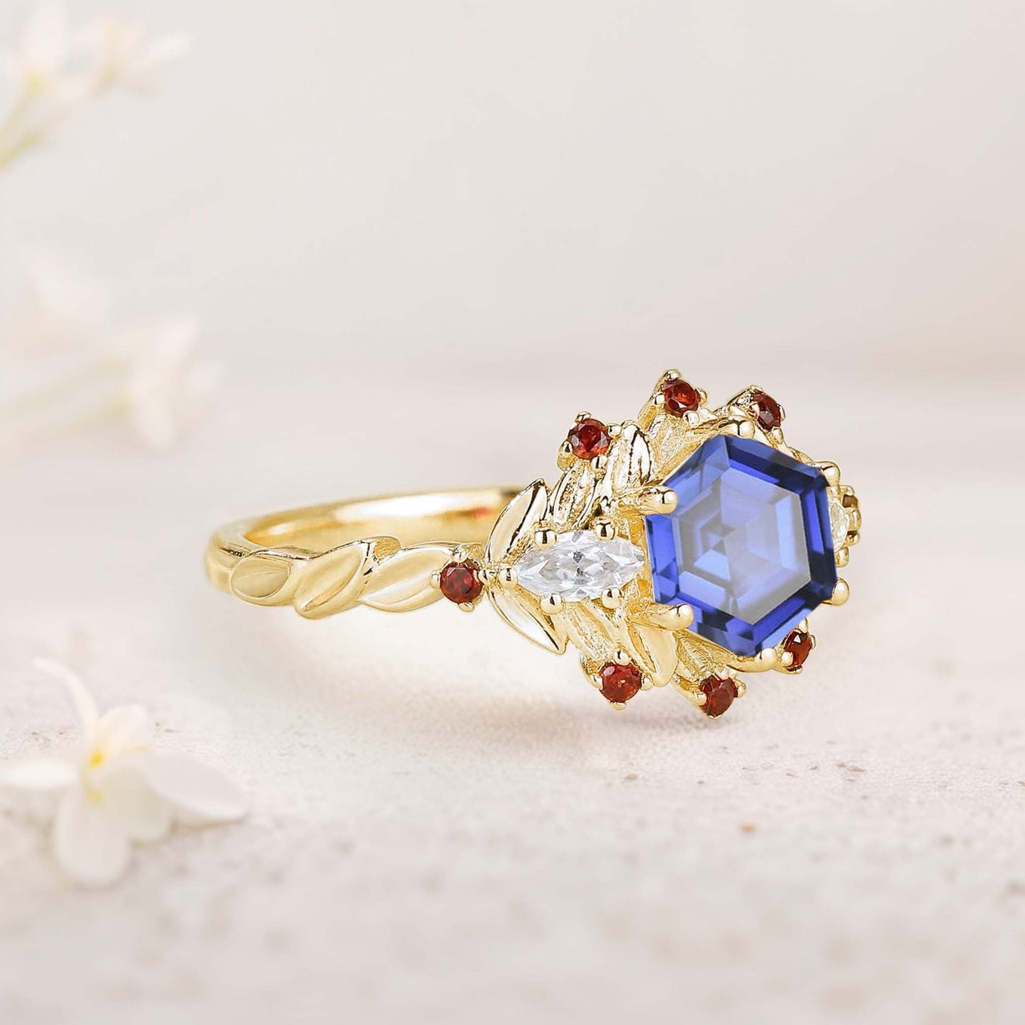 Unique Hexagon Lab Sapphire Flower Engagement Ring Halo Leaf Wedding Ring For Women