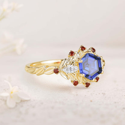 Unique Hexagon Lab Sapphire Flower Engagement Ring Halo Leaf Wedding Ring For Women