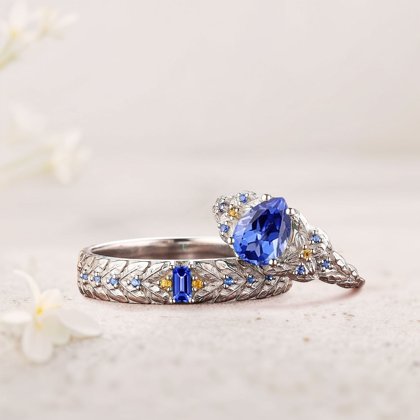 Unique Pear Lab Sapphire His and Hers Matching Wedding Ring Set