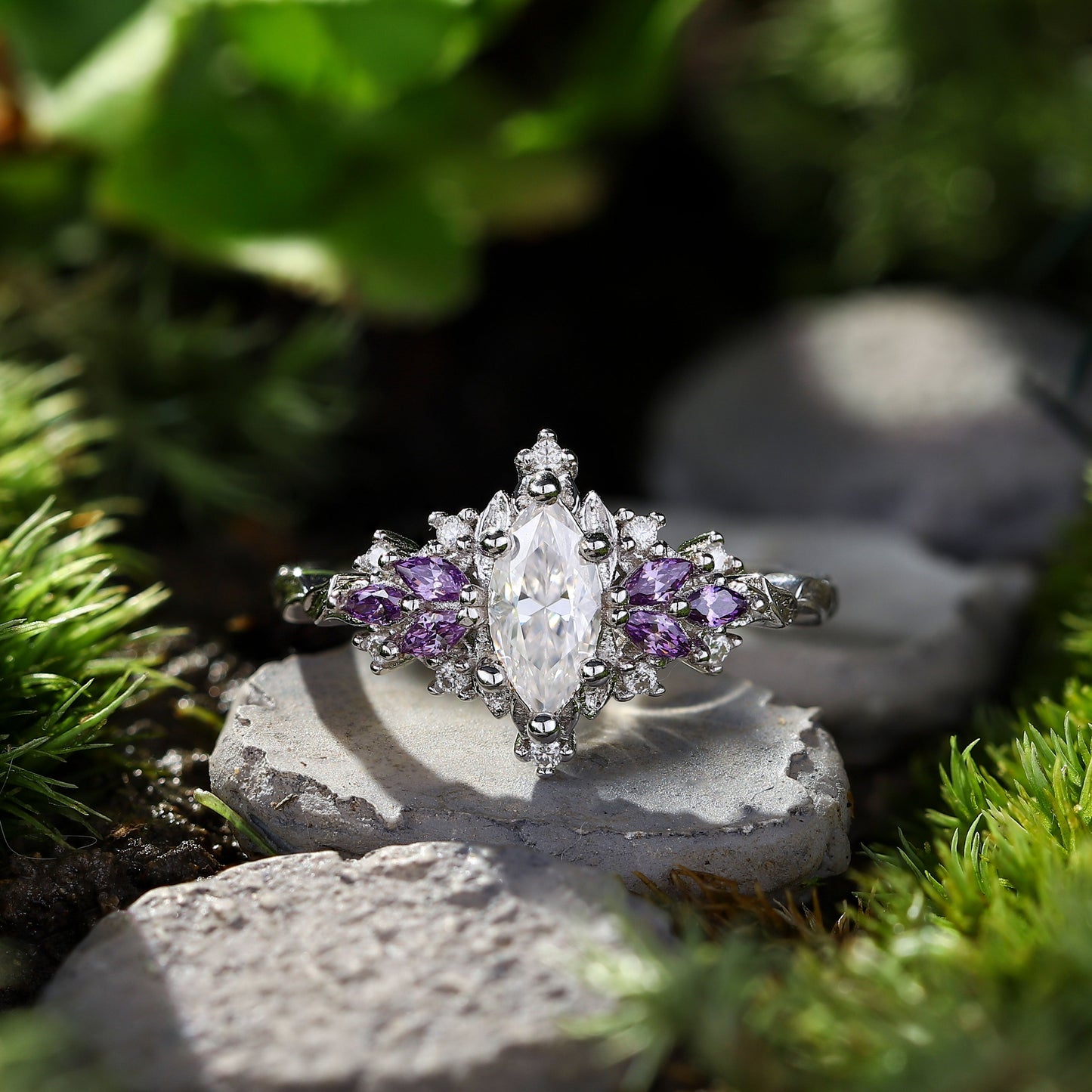 Unique floral engagement rings Starlight Marquise Moissanite Ring