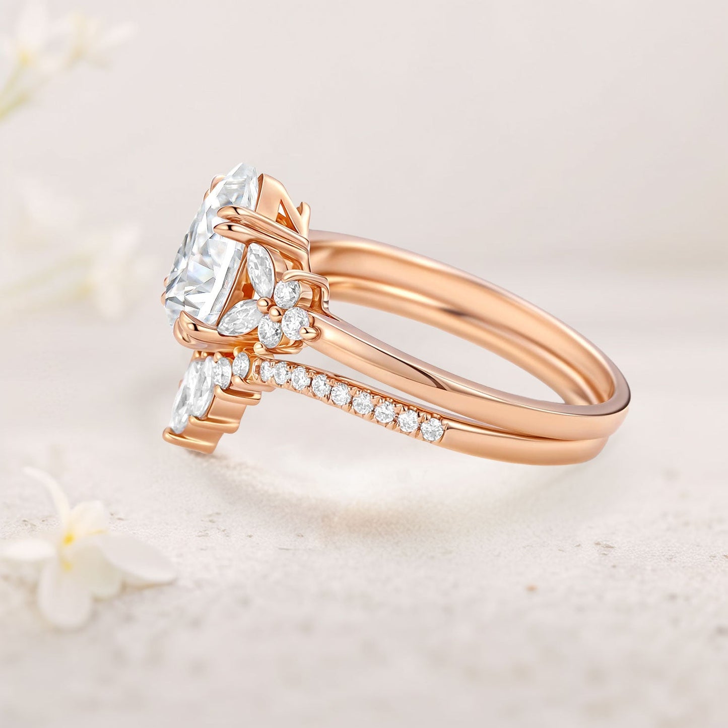 Unique Cluster Pear Moissanite Chevron Wedding Ring Set