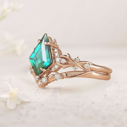 Unique Twig Kite Lab Emerald and Moissanite Bridal Ring Set
