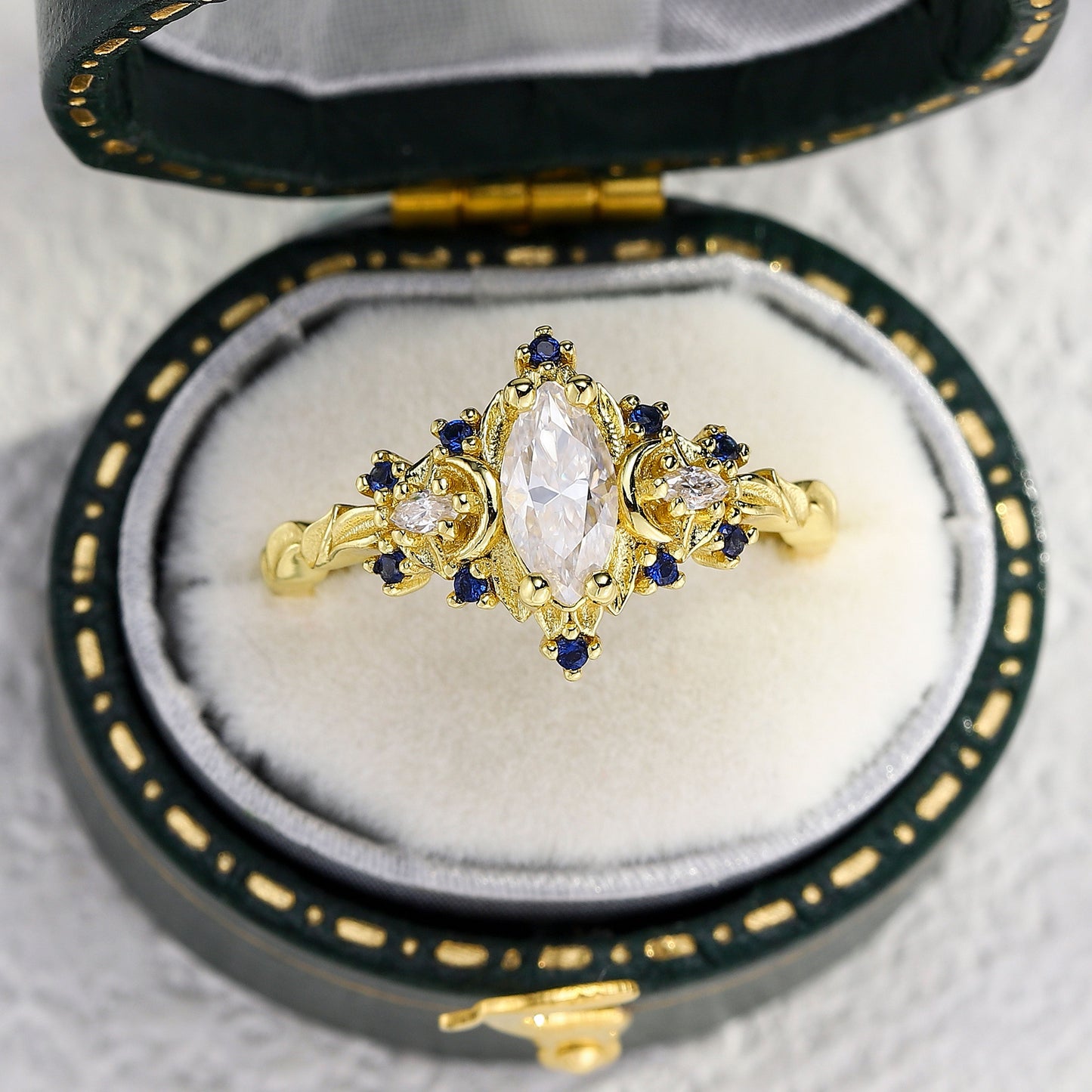 Unique Briar Moon Marquise Moissanite and Lab Blue Sapphire Ring