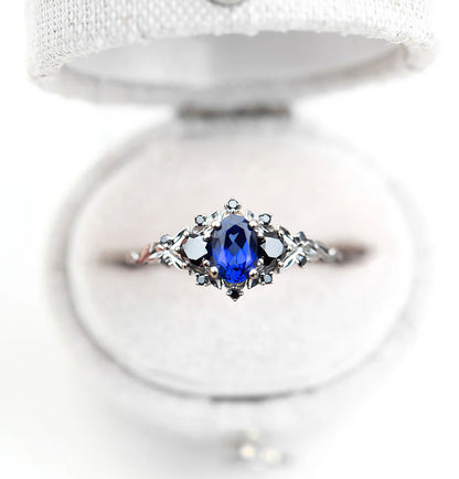 Unique Floral Rose Three Stone Oval Lab Blue Sapphire and Black Moissanite Ring