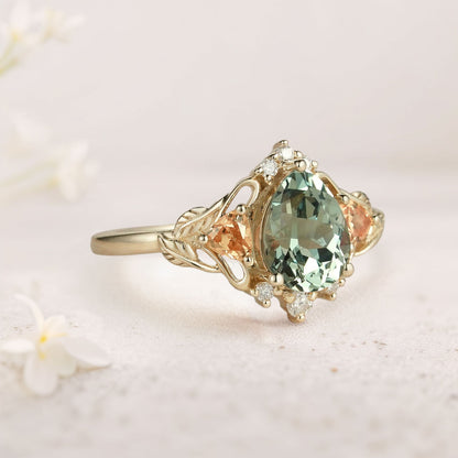 Vintage Pear Green Lab Sapphire Leaf Ring