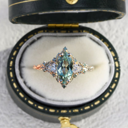 Unique floral engagement rings Rose Three Stone Marquise Green Lab Sapphire and Moissanite Ring