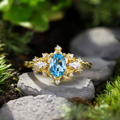 Unique Briar Rose Three Stone Oval Lab Topaz Ring