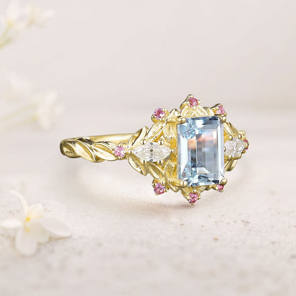 Unique floral engagement rings Emerald Cut Lab Aquamarine Engagement Ring Pink Sapphire Flower Wedding Ring