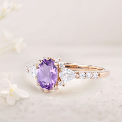 Unique Oval Amethyst Engagement Ring Bridal Ring