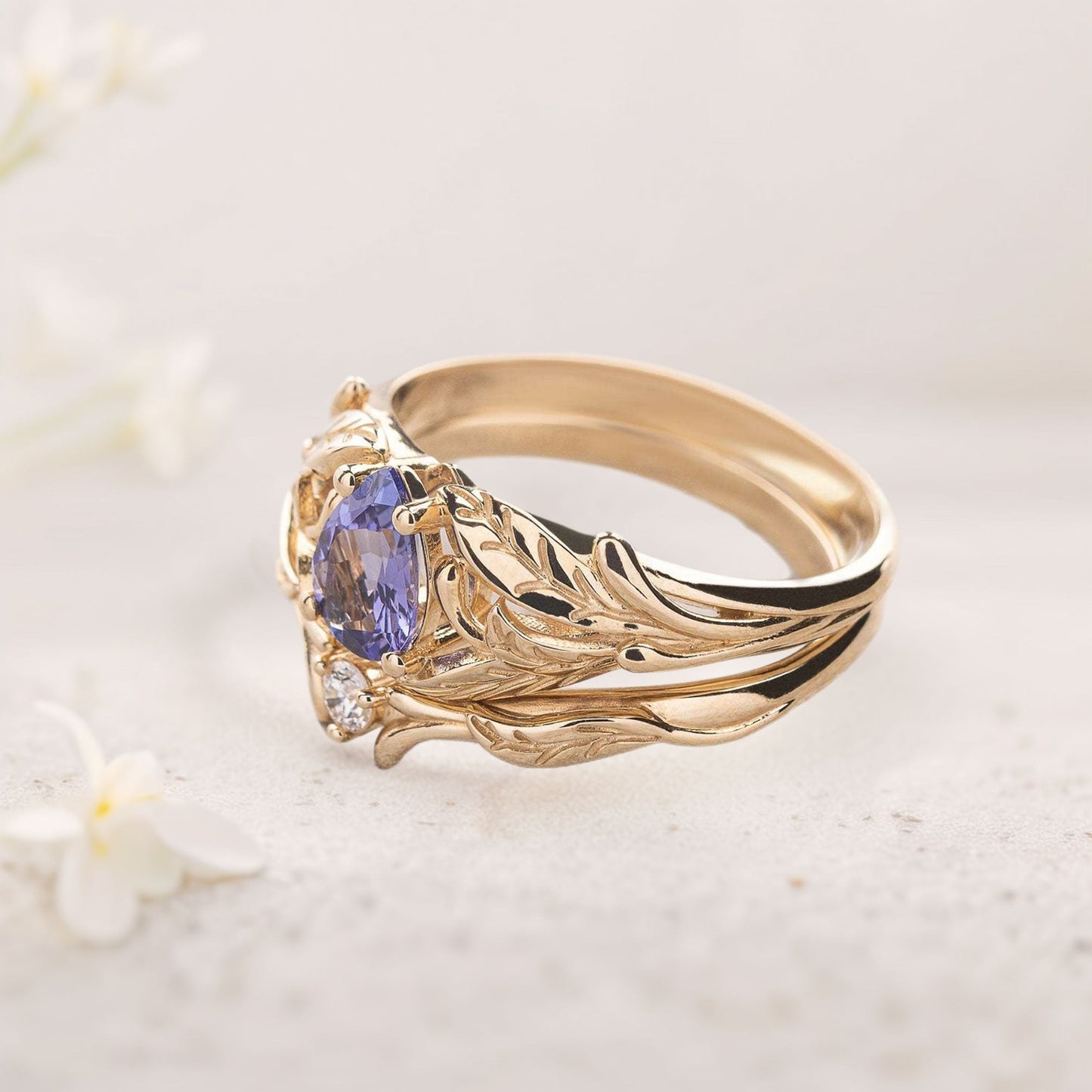 Unique floral engagement rings Pear Purple Lab Tanzanite engagement ring with Moissanite wedding Set