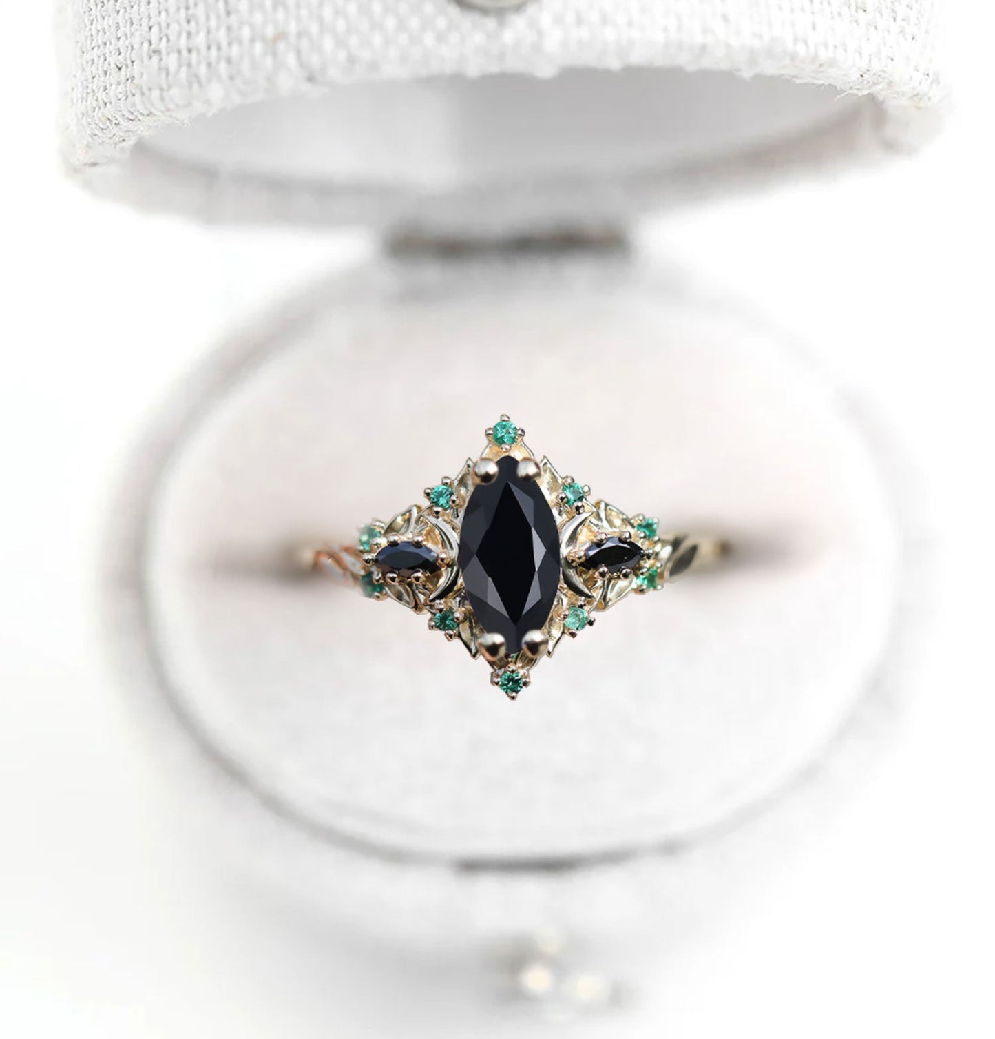 Unique Briar Moon Three Stone Marquise Black Onyx and Lab Emerald Ring