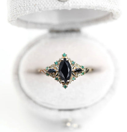 Unique Briar Moon Three Stone Marquise Black Onyx and Lab Emerald Ring