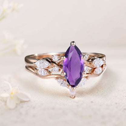 Unique Marquise Amethyst and Moissanite Wedding Ring Set Bridal Ring Set