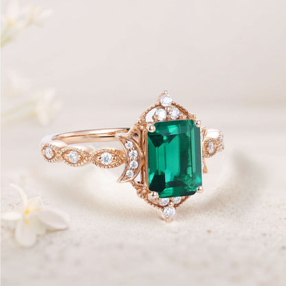 Vintage Lab Emerald Engagement Ring Whimsical Charm Bridal Ring