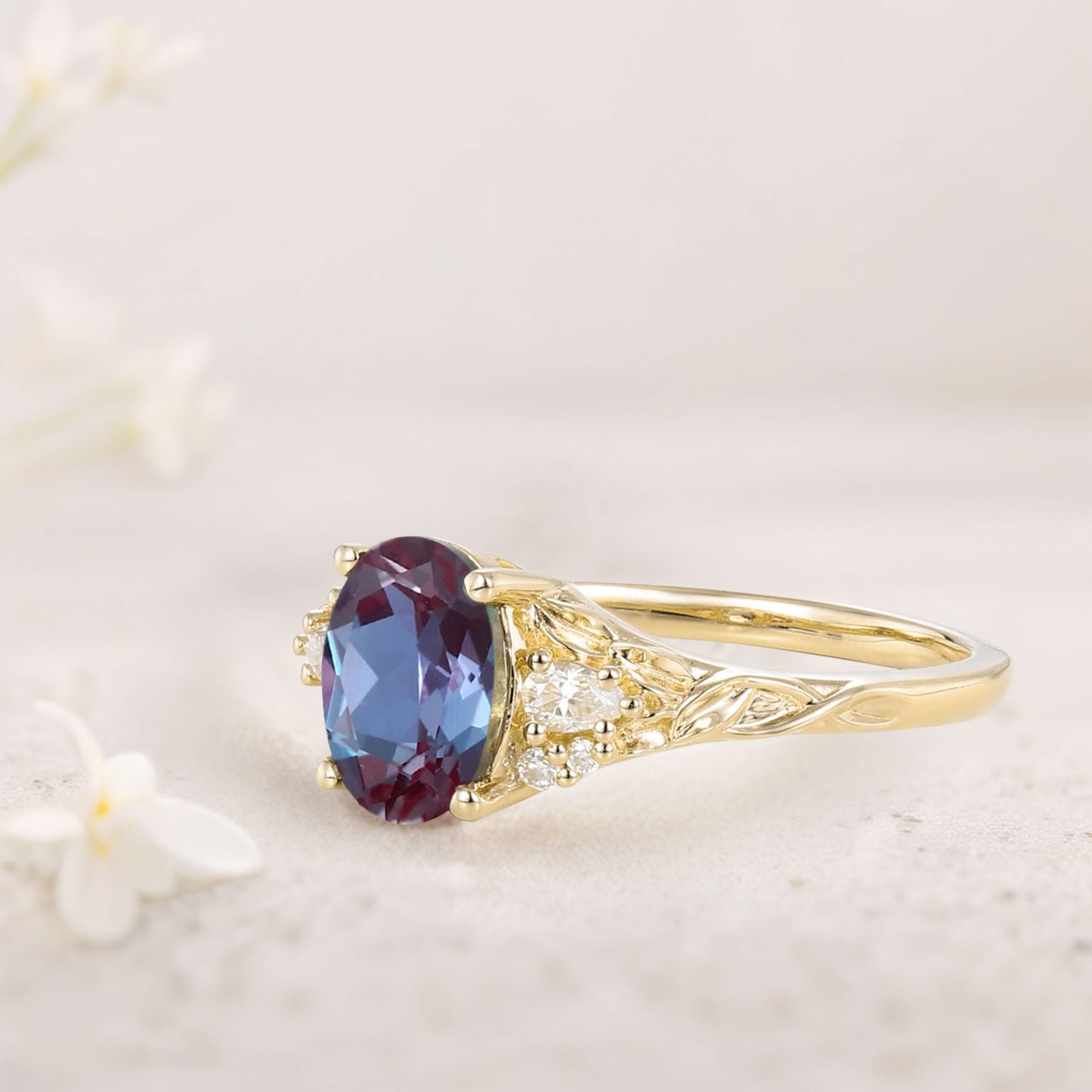 Unique Oval Lab Alexandrite and Moissanite Wedding Ring