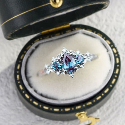 Unique Briar Rose Three Stone Oval Lab Alexandrite Ring
