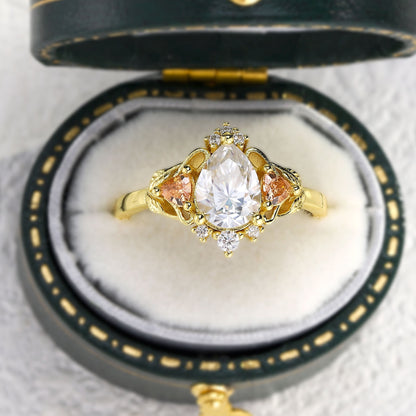 Unique Pear Moissanite Leaf Ring Engagement Ring