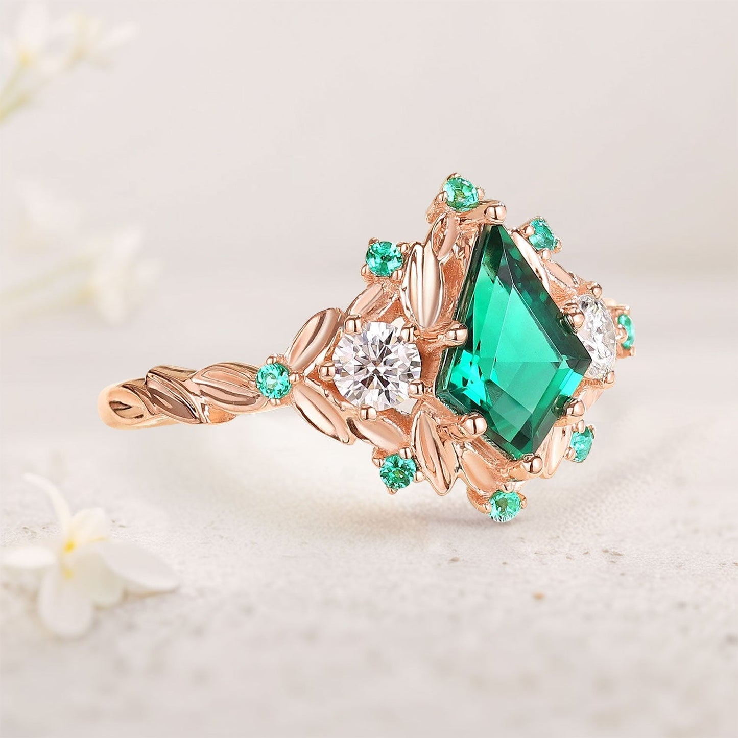 Vintage Kite Lab Emerald Ring Three Stone Ring Floral Branch Engagement Ring Dainty Emerald Cluster Wedding Ring Bridal Ring