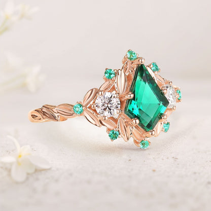 Vintage Kite Lab Emerald Ring Three Stone Ring Floral Branch Engagement Ring Dainty Emerald Cluster Wedding Ring Bridal Ring