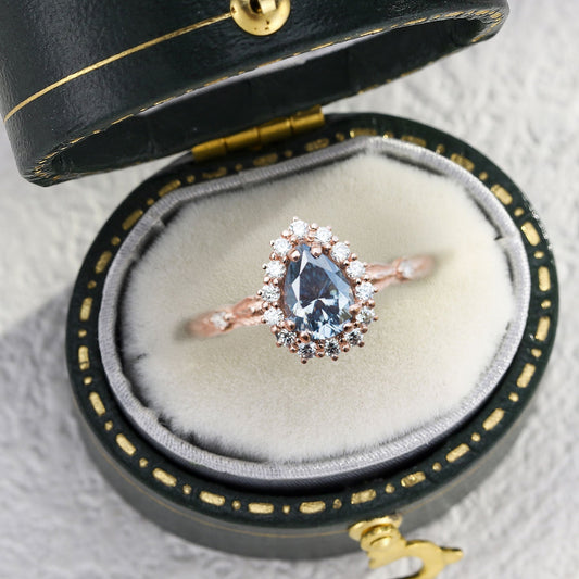 Unique Halo Leaf Pear Blue Grey Moissanite Ring
