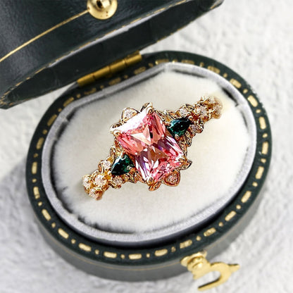 Vintage Emerald Cut Lab Padparadscha Engagement Ring Flower Wedding Ring