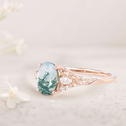 Unique Oval Moss Agate and Moissanite Wedding Ring