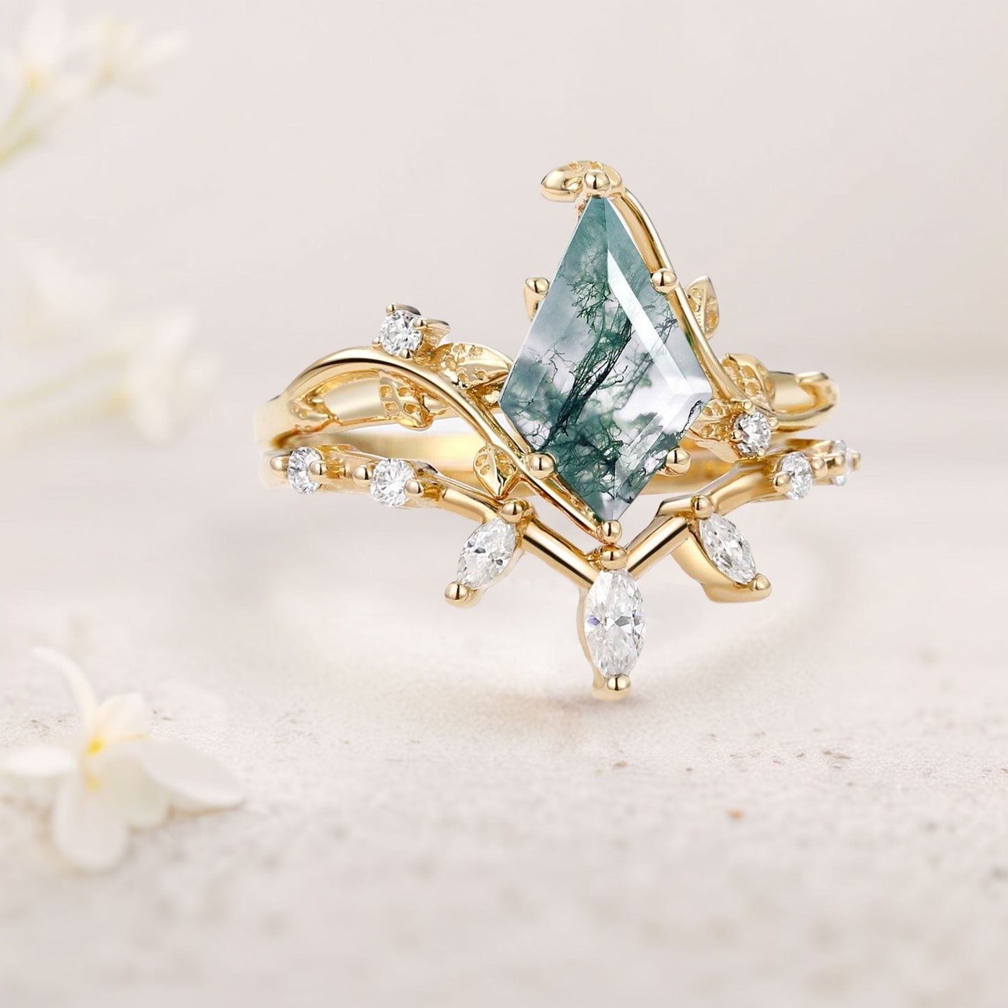 Unique floral engagement rings Kite Moss Agate Engagement Ring Set with Leafy Accents