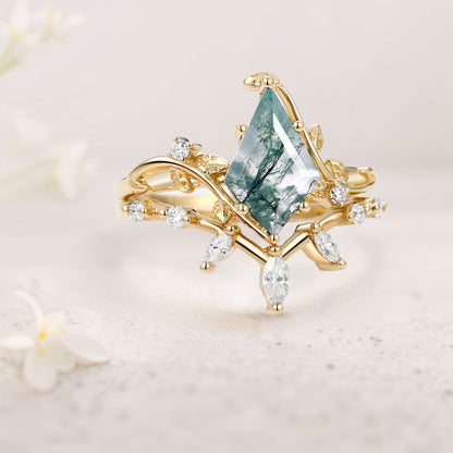 Unique floral engagement rings Kite Moss Agate Engagement Ring Set with Leafy Accents