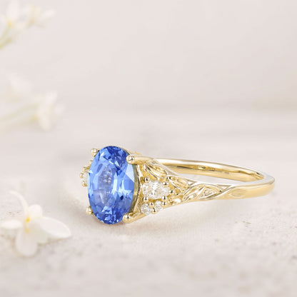 Unique Oval Lab Sapphire and Moissanite Wedding Ring