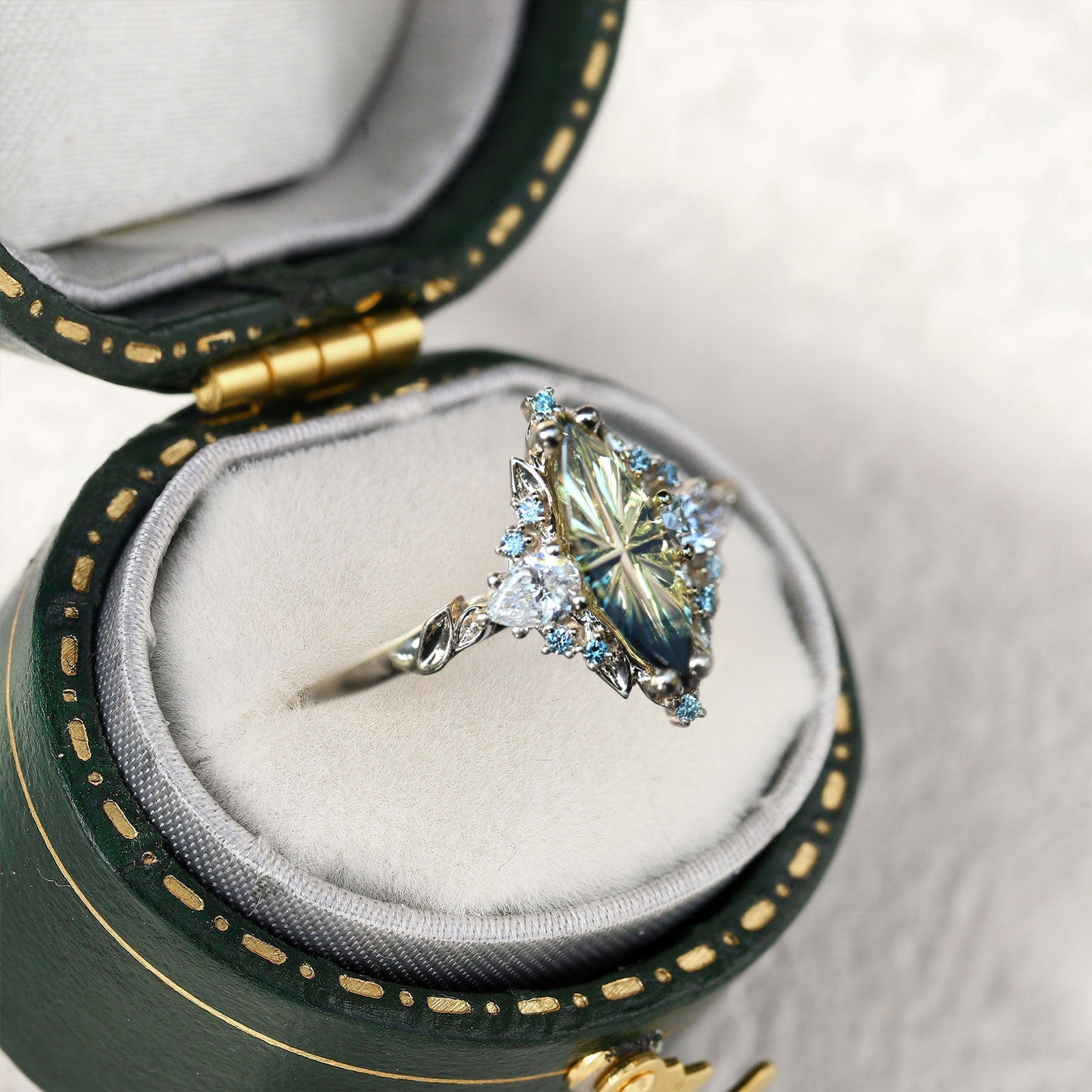 Unique Briar Rose Three Stone Starbrite Cut Marquise Green Lab Sapphire and Moissanite Ring