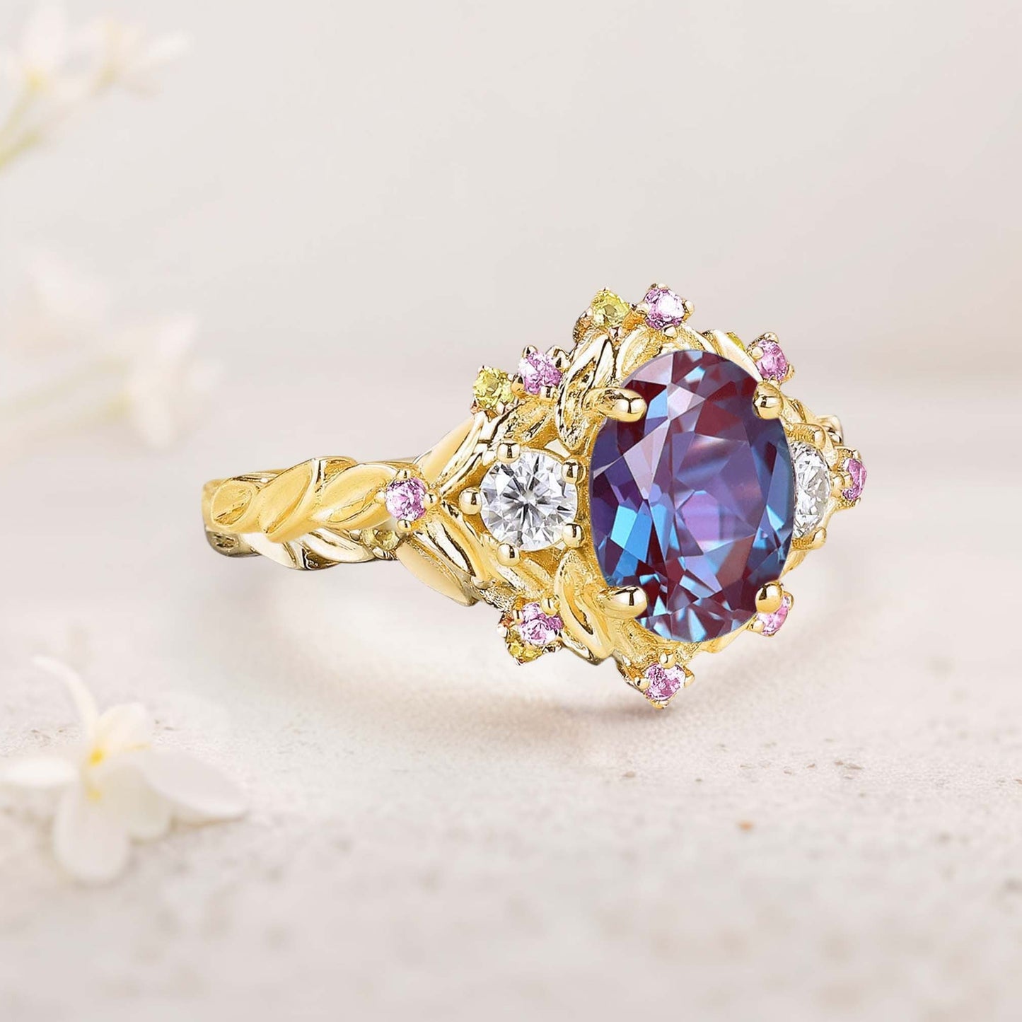 Unique Three Stone Oval Lab Alexandrite Flower Engagement Ring Amethyst Cluster Bridal Ring