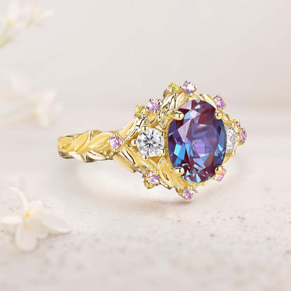 Unique Three Stone Oval Lab Alexandrite Flower Engagement Ring Amethyst Cluster Bridal Ring
