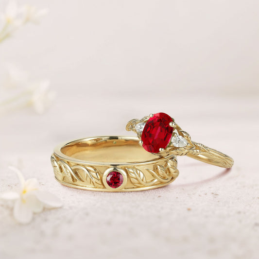 Unique Leaf Design Oval Lab Ruby and Moissanite Wedding Ring Promise Ring for Couples